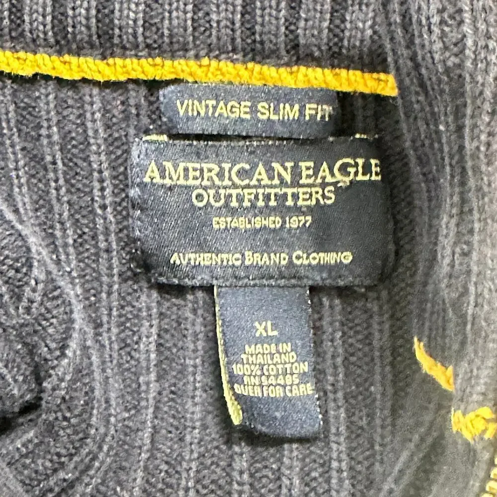 American Eagle Men Sweater XL Blue Yellow 1/4 Zip Pullover 100% Cotton Y2K Rugby